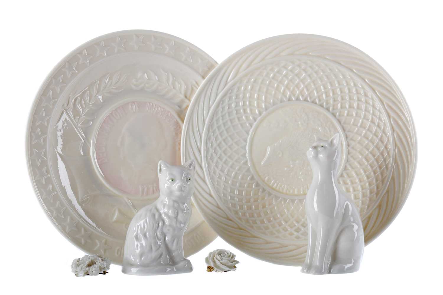 Lot 1106 - A LOT OF THREE BELLEEK PLATES ALONG WITH A LITHOPHANE, TWO CATS AND TWO BROOCHES