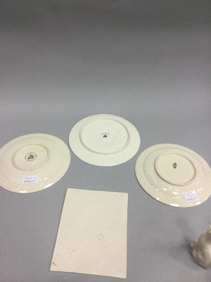 Lot 1106 - A LOT OF THREE BELLEEK PLATES ALONG WITH A LITHOPHANE, TWO CATS AND TWO BROOCHES