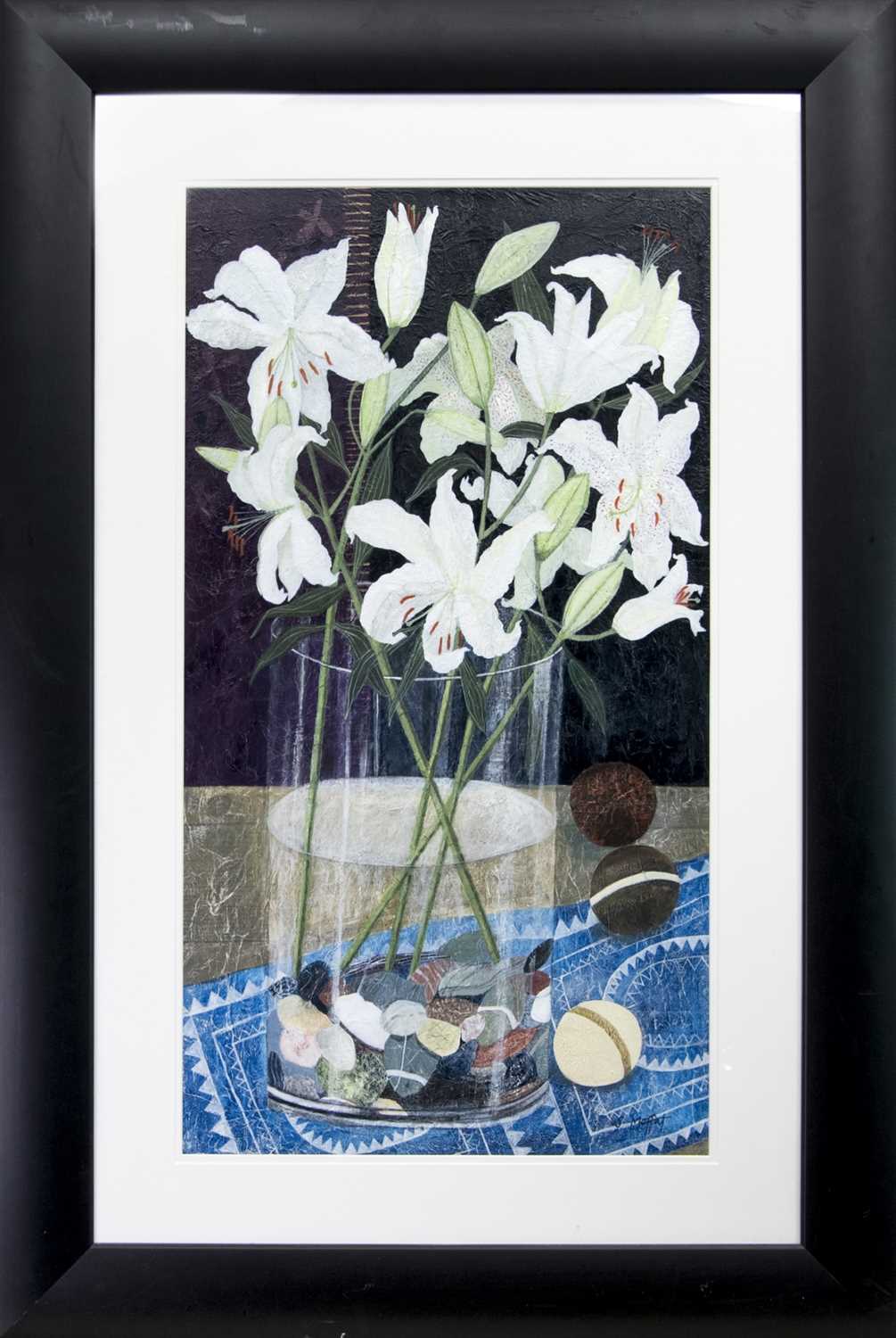 Lot 265 - STILL LIFE WITH LILIES, A MIXED MEDIA BY SANDRA MOFFAT
