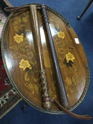 Lot 46 - A LOT OF TWO POLICE TRUNCHEONS ALONG WITH A WALKING STICK AND A SHELL CASING