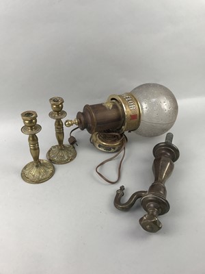 Lot 60 - A MICHELOB ADVERTISING WALL LIGHT, BRASS WATER TAP, CANDLESTICKS AND OTHER ITEMS