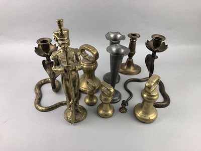 Lot 267 - A PAIR OF EASTERN BRASS CANDLESTICKS AND OTHER BRASS OBJECTS