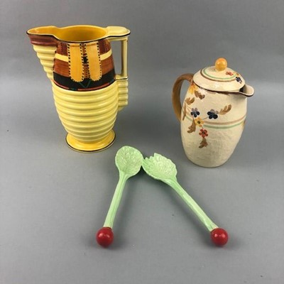 Lot 268 - A LOT OF TWO CARLTON WARE DISHES, SALAD SERVERS, PRESERVE JAR AND OTHER CERAMICS