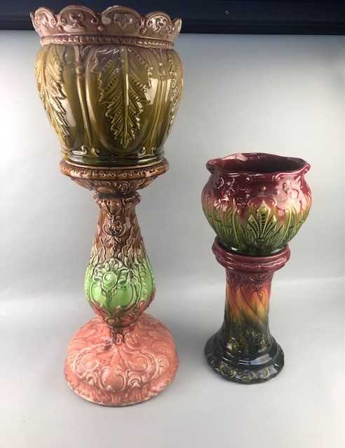 Lot 269 - A VICTORIAN MAJOLICA JARDINIERE AND STAND AND ANOTHER