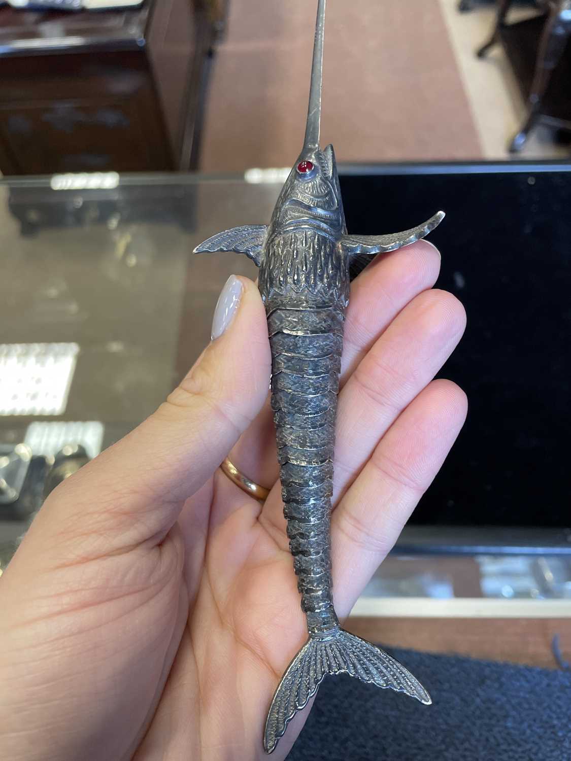 Lot 402 A WHITE METAL ARTICULATED SWORDFISH