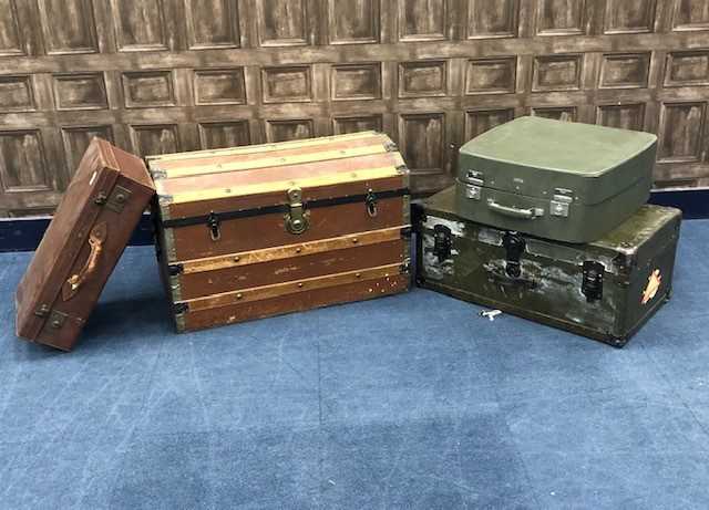 Lot 78 - A WOOD CABIN TRUNK, ANOTHER AND TWO SUITCASES