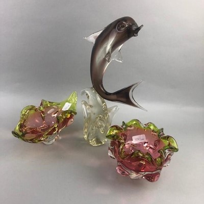 Lot 106 - A COLOURED GLASS MODEL OF A DOLPHIN AND OTHER GLASS ITEMS