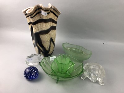 Lot 238 - A COLOURED GLASS VASE, PAPERWEIGHT AND OTHER GLASS WARE