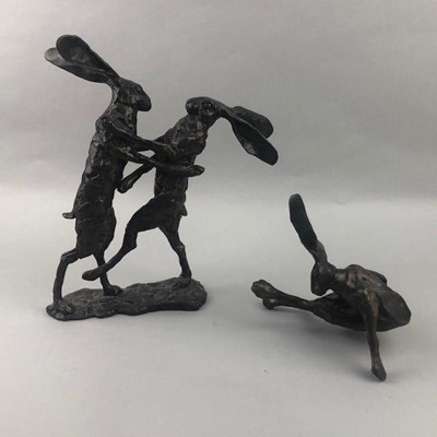 Lot 68 - A BRONZE FIGURE GROUOP OF FIGHTING HARES AND ANOTHER OF A SEATED HARE
