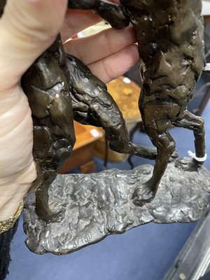 Lot 68 - A BRONZE FIGURE GROUOP OF FIGHTING HARES AND ANOTHER OF A SEATED HARE
