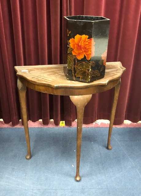 Lot 247 - A MAHOGANY SERPENTINE SIDE TABLE AND A PAPER BIN