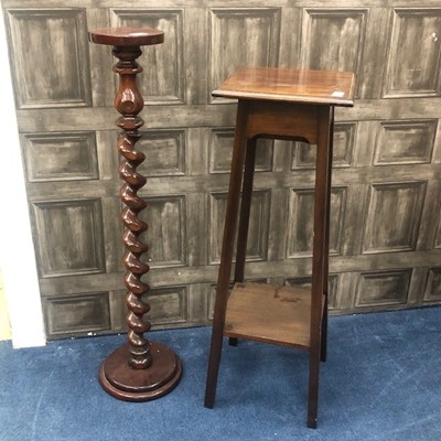 Lot 180 - A MAHOGANY TWO TIER PLANT STAND AND A PLANT PEDESTAL
