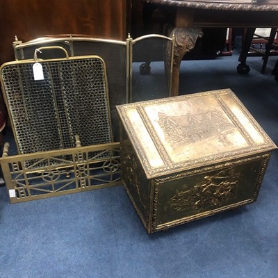 Lot 218 - A BRASS EMBOSSED COAL BOX AND OTHER BRASS WARE