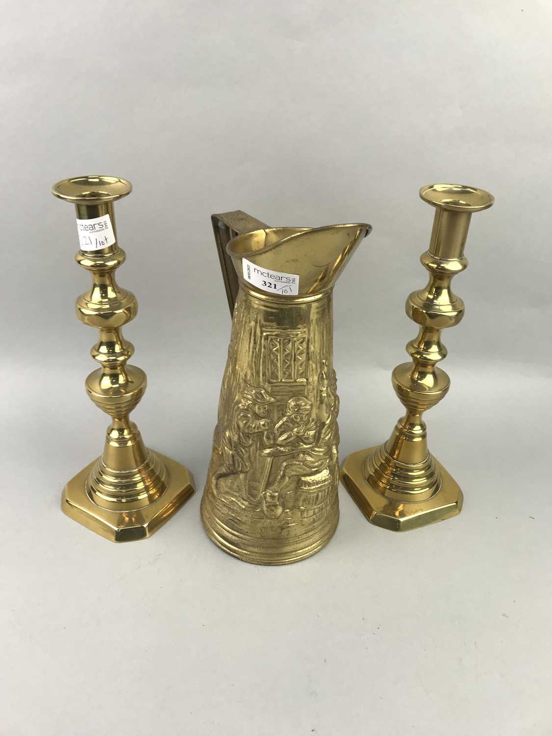 Lot 321 - A PAIR OF BRASS CANDLESTICKS AND OTHER BRASS WARE