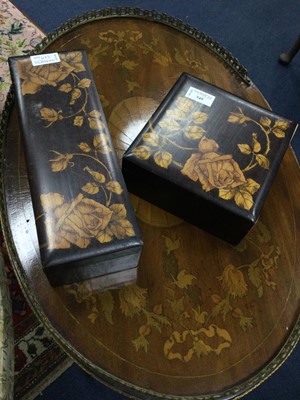 Lot 349 - A MARQUETRY PICTURE FRAME AND TWO SIMILAR BOXES
