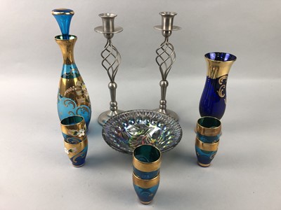 Lot 380 - A COLOURED GLASS DECANTER AND SIX SHOT GLASS SET AND OTHER ITEMS