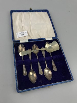 Lot 388 - A LOT OF FIVE SILVER SPOONS IN FITTED CASE AND SUGAR SPOON