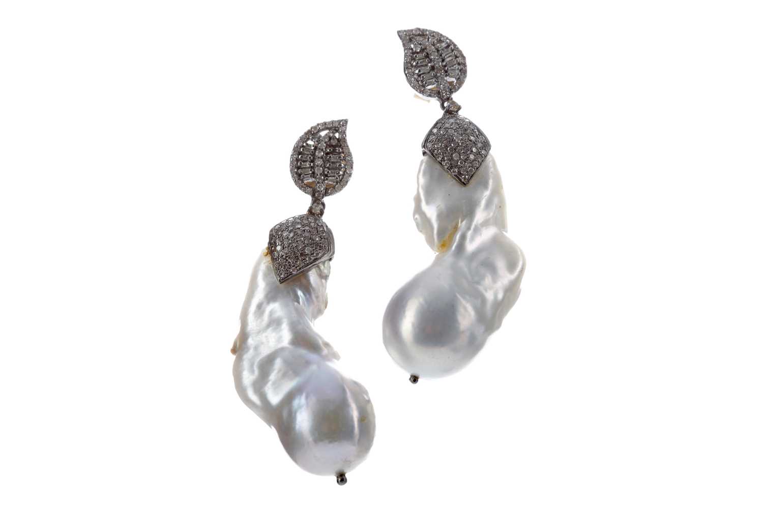 Lot 354 - A PAIR OF BAROQUE PEARL AND DIAMOND EARRINGS