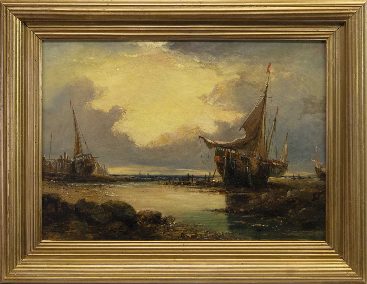 Lot 84 - EAST COAST FISHING BOATS BEACHED, AN OIL ATTRIBUTED TO SAM BOUGH