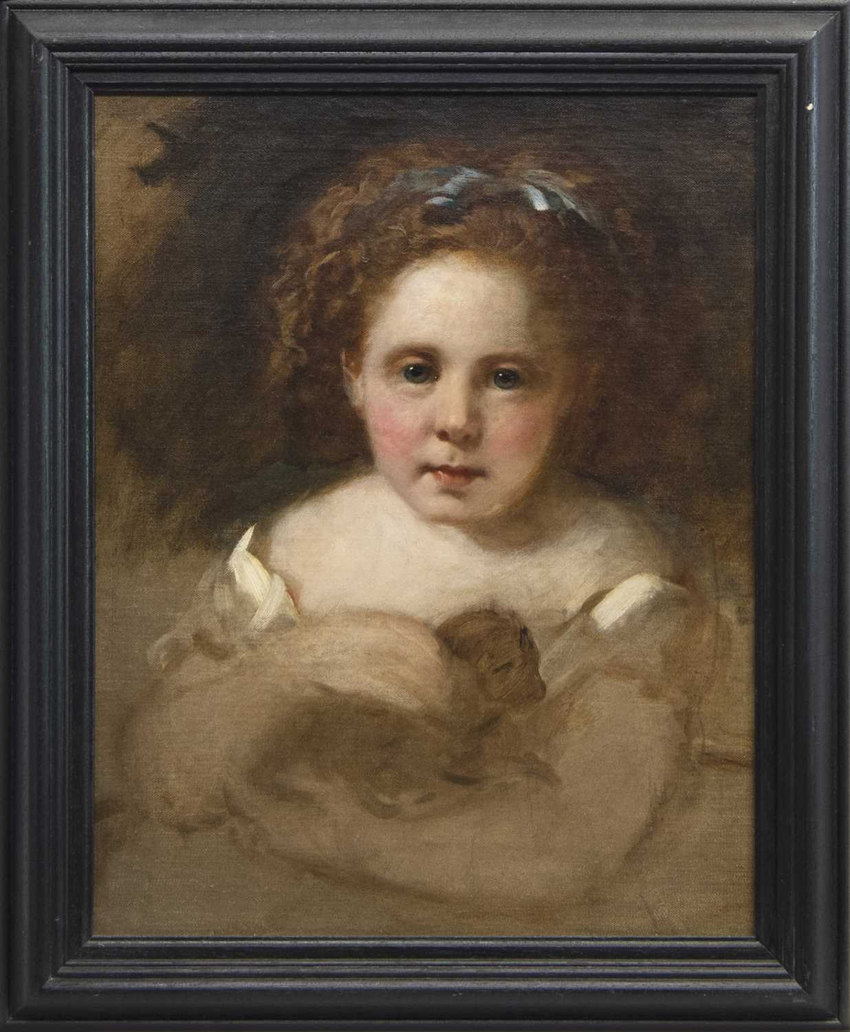 Lot 86 - PORTRAIT OF A GIRL HOLDING A PUPPY, AN OIL ATTRIBUTED TO SIR GEORGE REID
