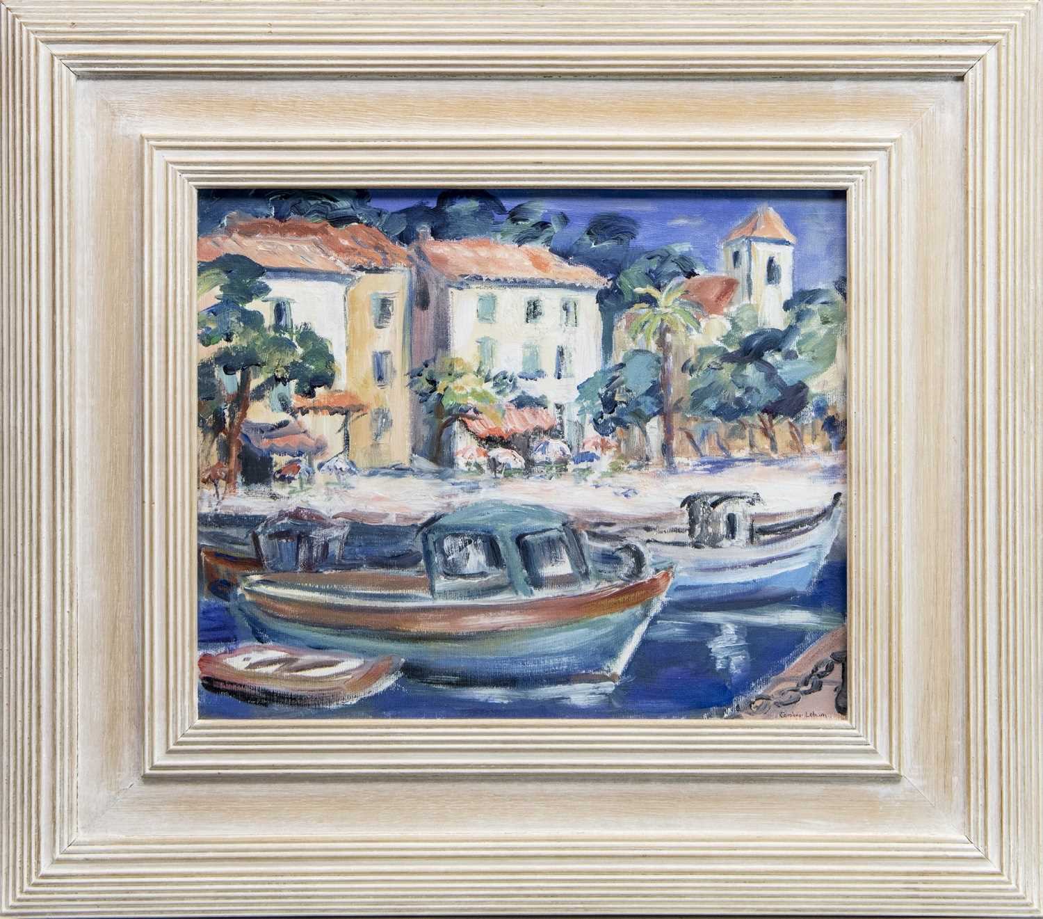 Lot 512 - BOATS AT A CONTINENTAL HARBOUR, AN OIL BY CAROLINE LEBURN