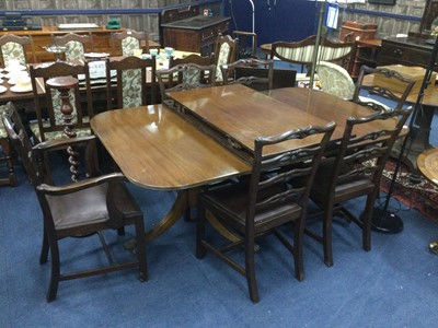 Lot 414 - A REGENCY STYLE MAHOGANY DINING TABLE AND SIX CHAIRS