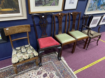 Lot 440 - AN EDWARDIAN MAHOGANY DRAWING ROOM CHAIR AND FOUR OTHER CHAIRS