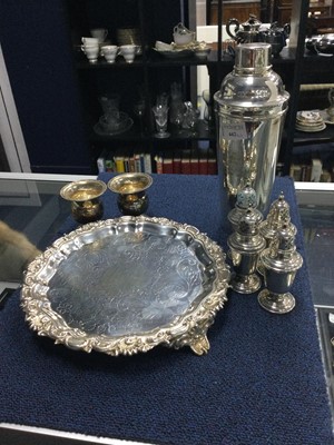 Lot 442 - A MAPPIN & WEBB SILVER PLATED COCKTAIL SHAKER, FOUR SILVER PEPPER POTS AND TWO VASES