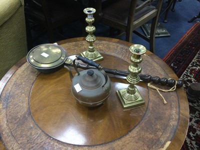 Lot 445 - A PAIR OF BRASS CANDLESTICKS, COPPER KETTLE AND A BED WARMING PAN
