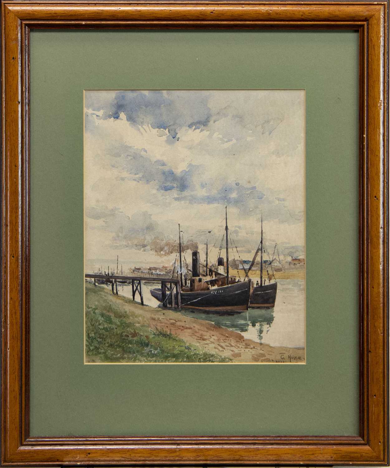 Lot 440 - STEAM TRAWLERS, KIRKCALDY HARBOUR, A WATERCOLOUR BY GEORGE HUME