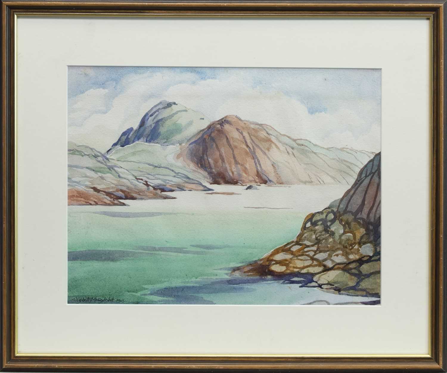 Lot 88 - SANDY SHORE, LOOKING TOWARDS RUM, A WATERCOLOUR BY ELIZABETH MARY WATT