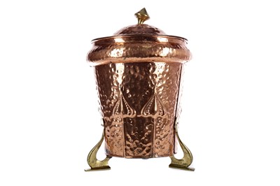 Lot 1330 - AN ARTS & CRAFTS HAMMERED COPPER COAL BIN AND COVER