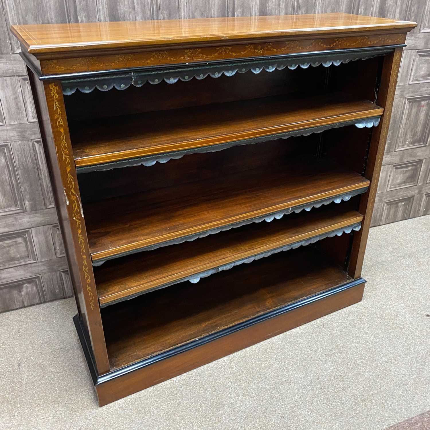 Lot 1322 - A LATE VICTORIAN MAHOGANY AND EBONISED OPEN BOOKCASE