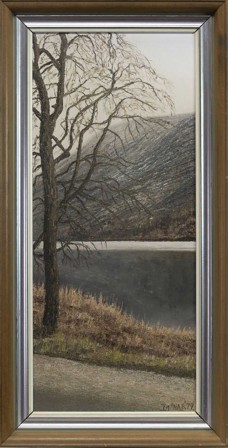 Lot 464 - LONELY TREE AT THE LOCH, AN OIL BY IAN MCNAB