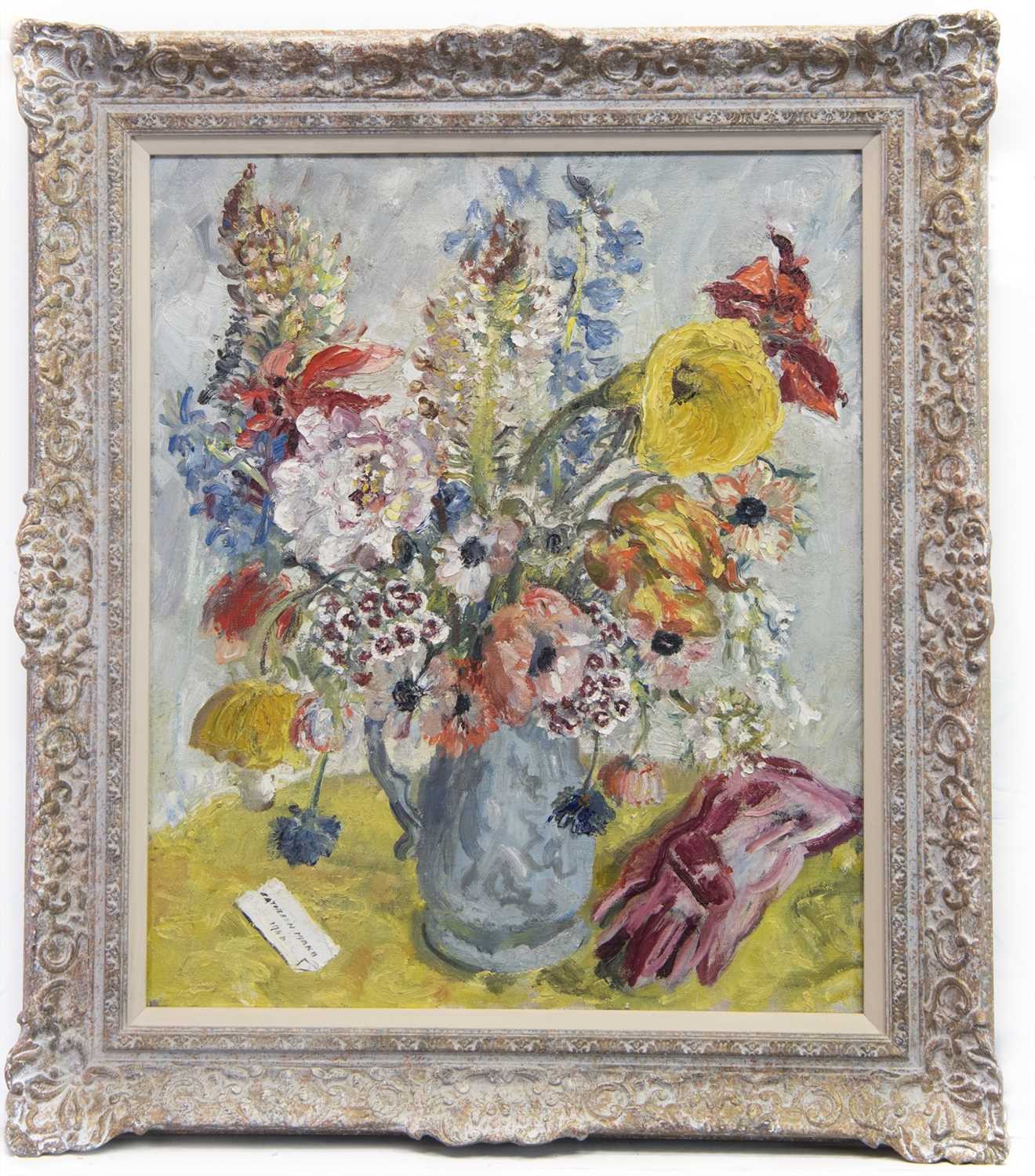 Lot 20 - FLORAL STILL LIFE WITH RED GLOVES, AN OIL BY CATHLEEN MANN