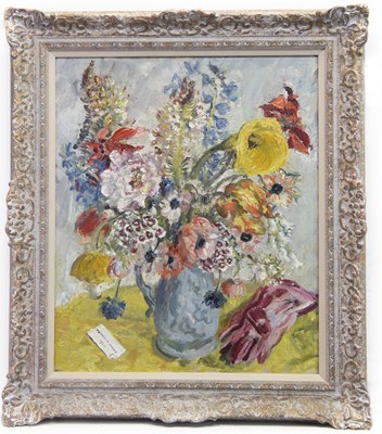 Lot 20A - FLORAL STILL LIFE WITH RED GLOVES, AN OIL BY CATHLEEN MANN