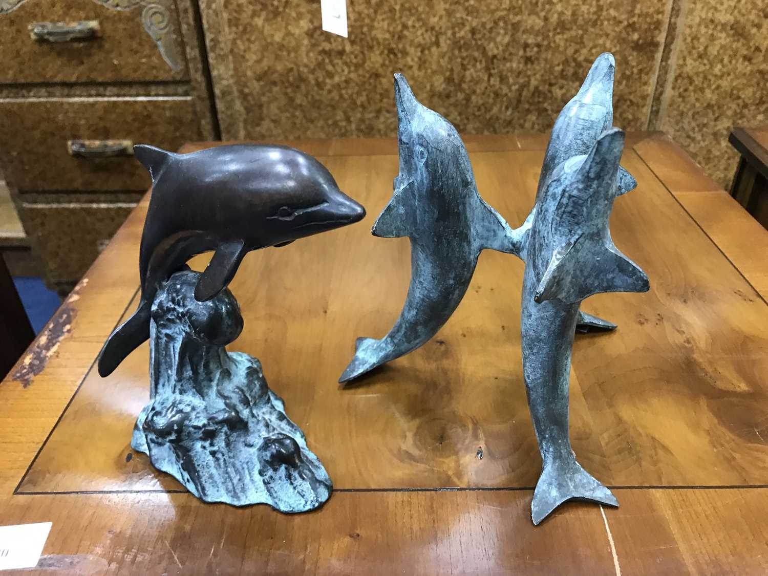 Lot 203 - A METAL FIGURE OF A DOLPHIN AND OTHER METAL AND COPPER WARE