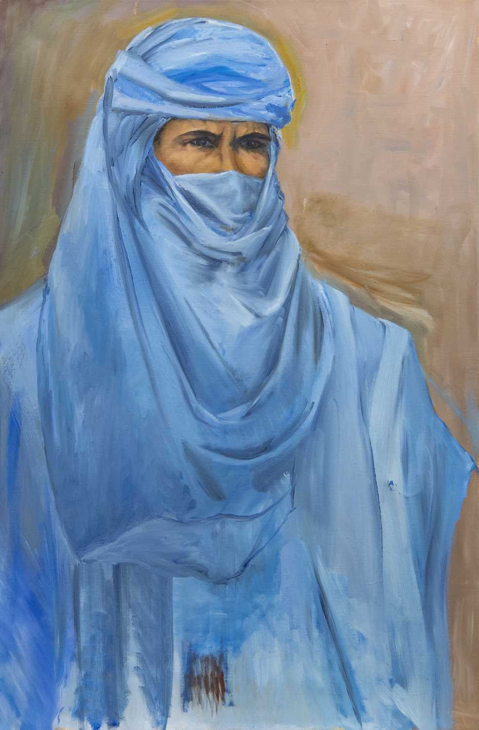 Lot 504 - THE MAN IN BLUE, AN OIL PAINTING