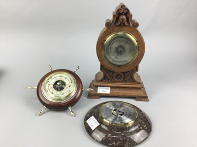 Lot 124 - AN OAK CASED TABLE BAROMETER, TWO OTHER BAROMETERS AND A TRAY