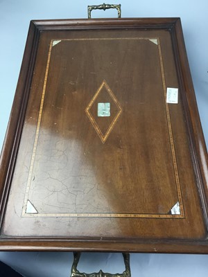 Lot 124 - AN OAK CASED TABLE BAROMETER, TWO OTHER BAROMETERS AND A TRAY