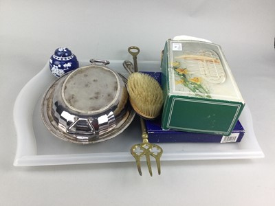 Lot 56 - A SILVER BACKED BRUSH, TWO GINGER JARS AND SILVER PLATED WARE