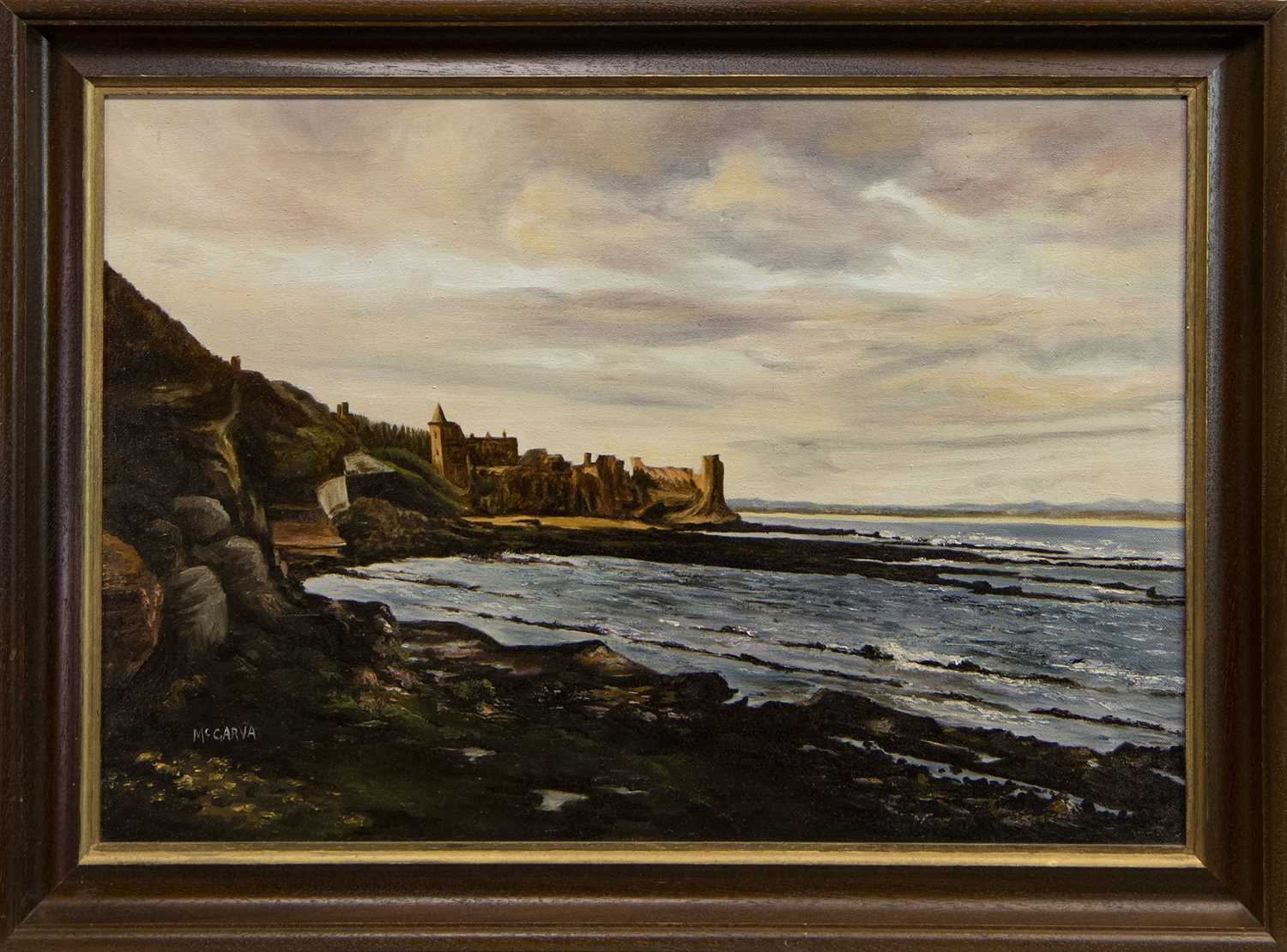 Lot 514 - CASTLE RUINS, ST ANDREWS, AN OIL BY JIM MCGARVA