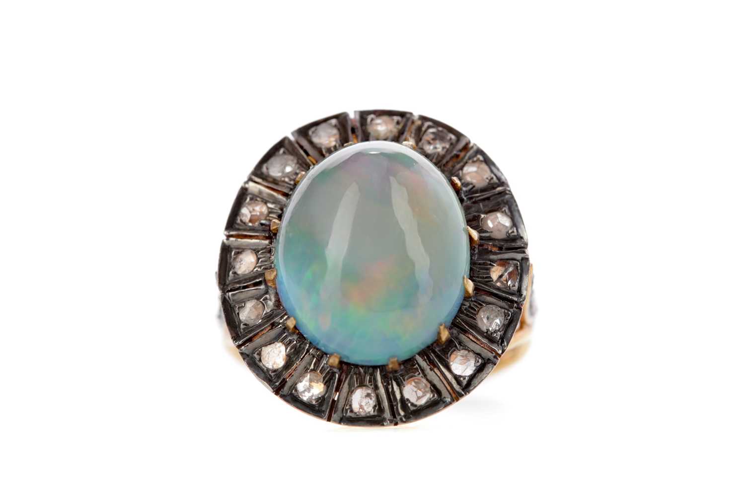 Lot 435 - AN ETHIOPIAN OPAL AND DIAMOND RING
