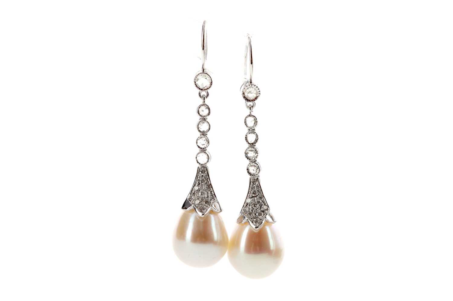 Lot 445 - A PAIR OF PEARL AND DIAMOND EARRINGS