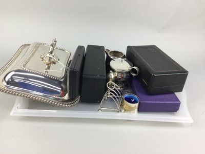 Lot 17 - A SILVER PLATED CRUET SET IN FITTED CASE AND OTHER PLATE