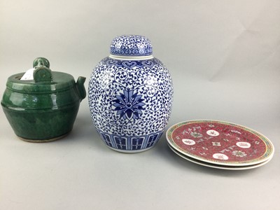 Lot 20 - A 20TH CENTURY CHINESE BLUE AND WHITE GINGER JAR, PLATES AND A WATER POT