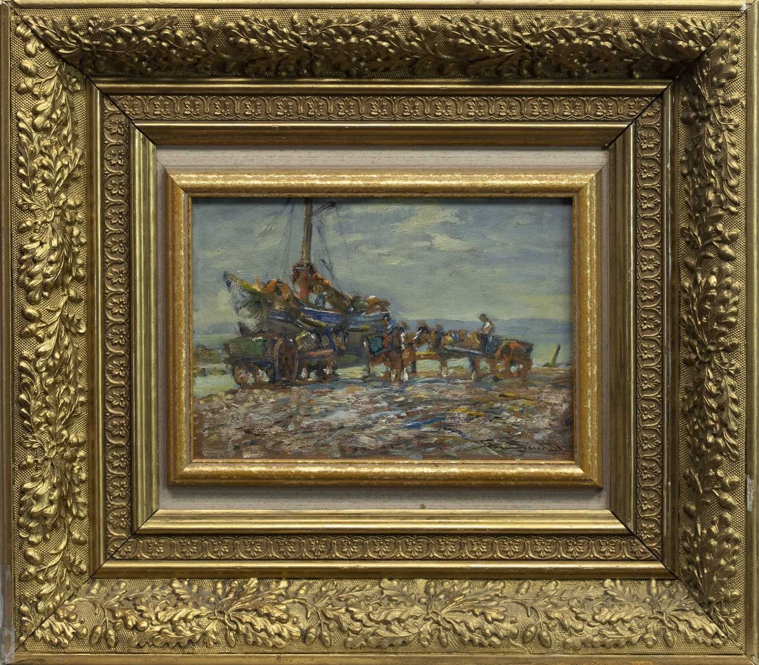 Lot 113 - UNLOADING THE CATCH, AN OIL BY GEORGE SMITH