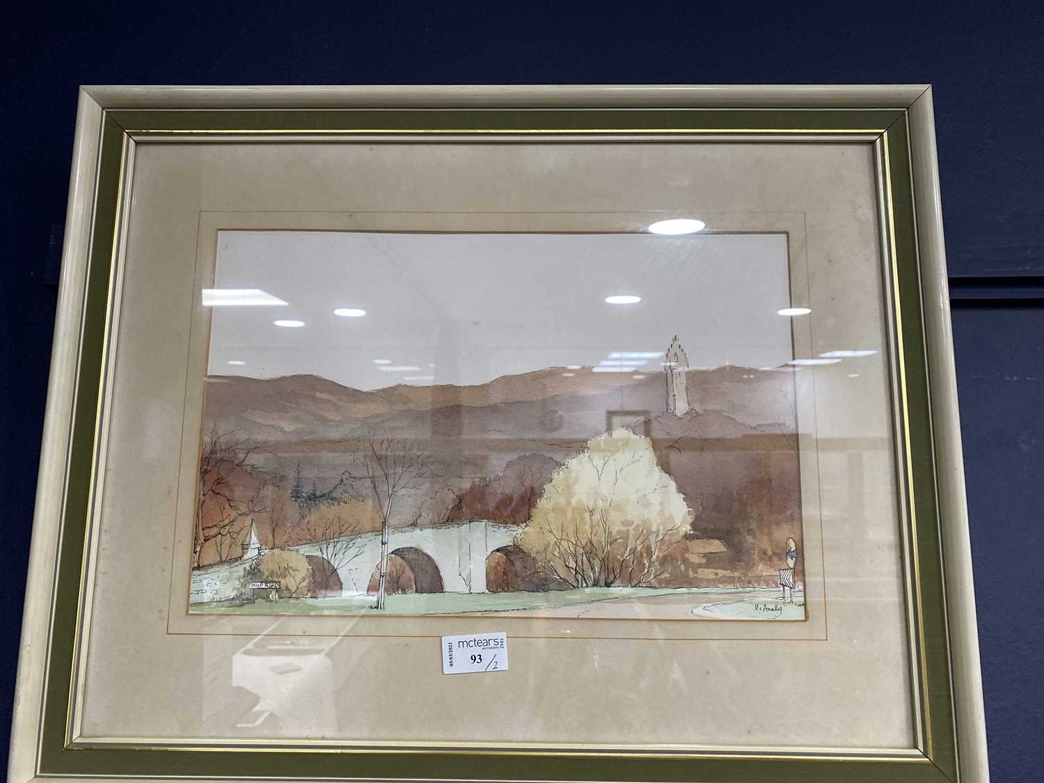 Lot 93 - STIRLING BRIDGE AND WALLACE MONUMENT, A WATERCOLOUR BY MCANALLY AND ANOTHER