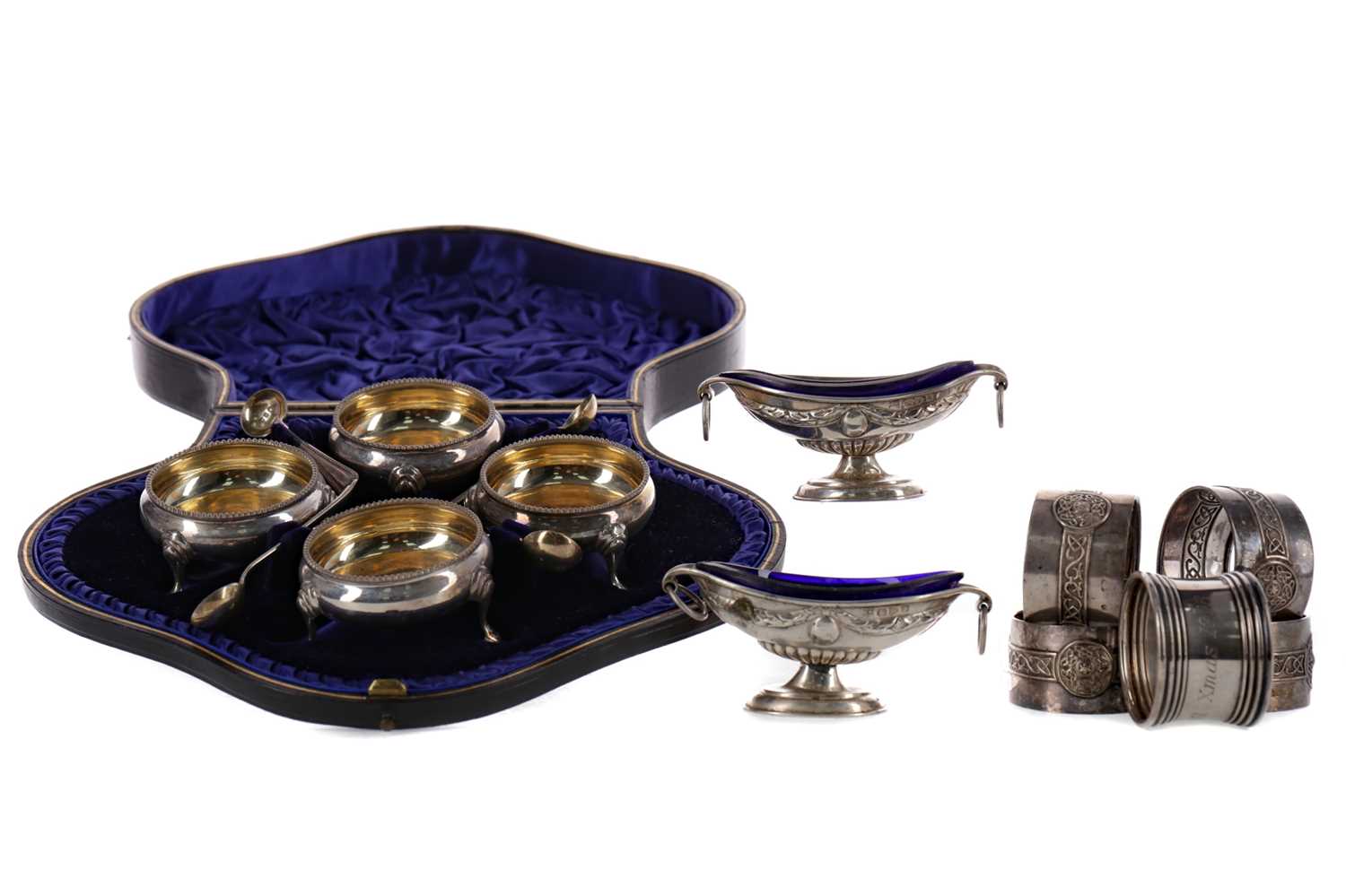 Lot 421 - A CASED SET OF FOUR SILVER OPEN SALT CELLARS AND OTHER SILVER WARE