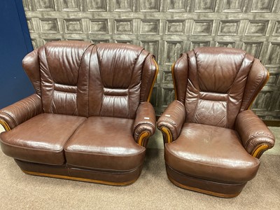 Lot 107 - A THREE PIECE BROWN LEATHER SUITE